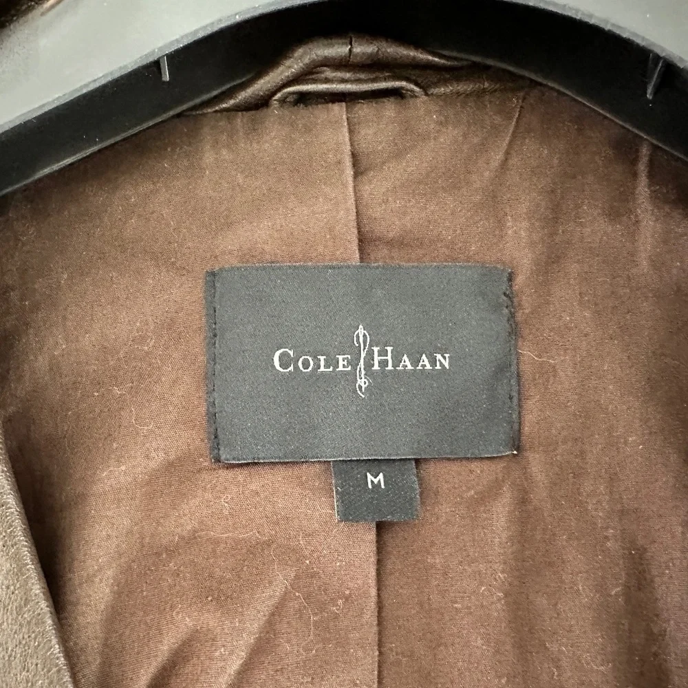 Cole Haan Brown Leather Jacket Cropped Design and Feminine Ruffle Front Detail
